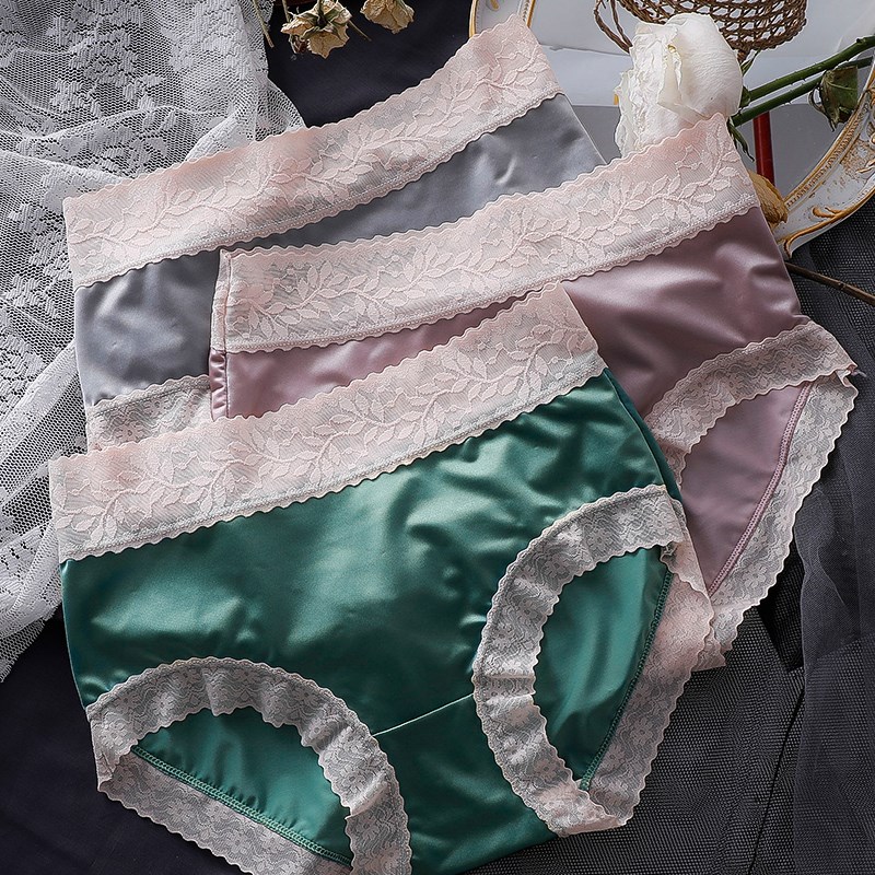 高档弹性缎面丝滑内裤女士中腰无痕光面料舒适透气三角短裤头花边