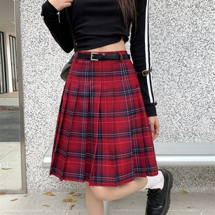 复古格子百褶半身裙女中长款春秋大码学院风jk半裙高腰格纹A字裙