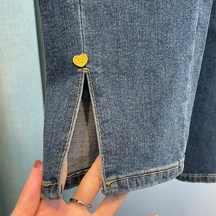 蓝色大码牛仔裤女2023春季新款胖妹妹梨型身材显瘦分叉直筒烟管裤