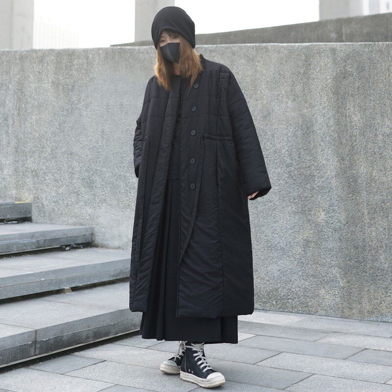 暗黑系酷飒山本风过膝长款棉服黑色复古夹棉外套冬季女装棉衣大衣