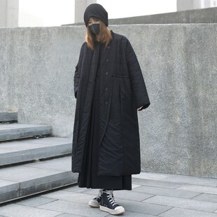 暗黑系酷飒山本风过膝长款棉服黑色复古夹棉外套冬季女装棉衣大衣