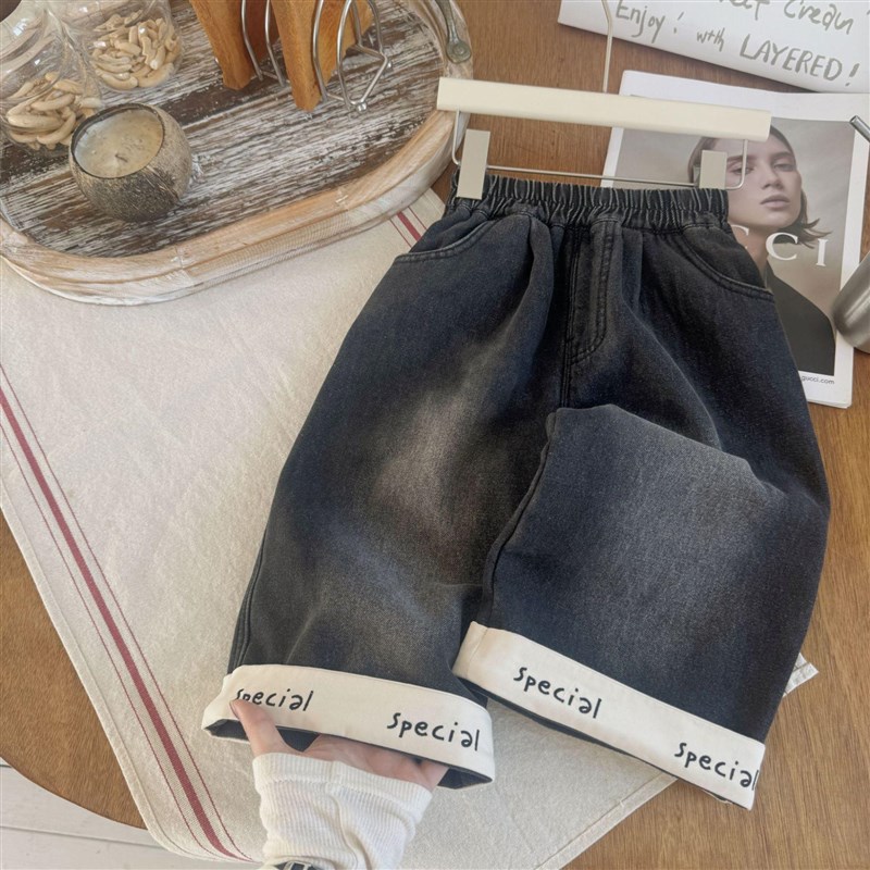 儿童牛仔裤加绒秋冬卡通男宝直筒阔腿裤1-8岁女童一体绒裤子冬季