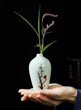 陶瓷手绘莲花小花瓶茶室茶盘茶宠桌面摆件干花水培插花器客厅装饰