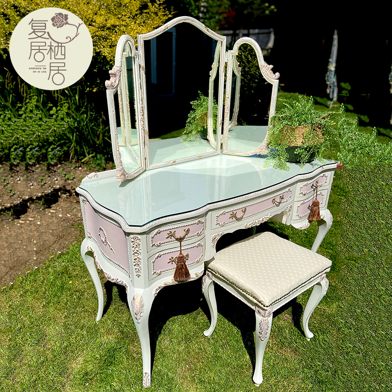 欧式复古做旧带镜梳妆台宫廷风奢华化妆桌椅组合实木橡木定制桌椅