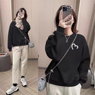 红色圆领纯棉卫衣女冬季加绒加厚2024新款本命年龙年衣服秋冬外套