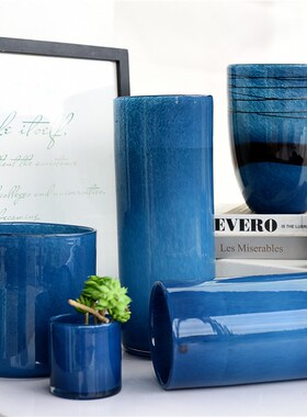 美式简约高档蓝灰色玻璃花瓶室内家居桌面装饰民宿水培花器F4-1-2