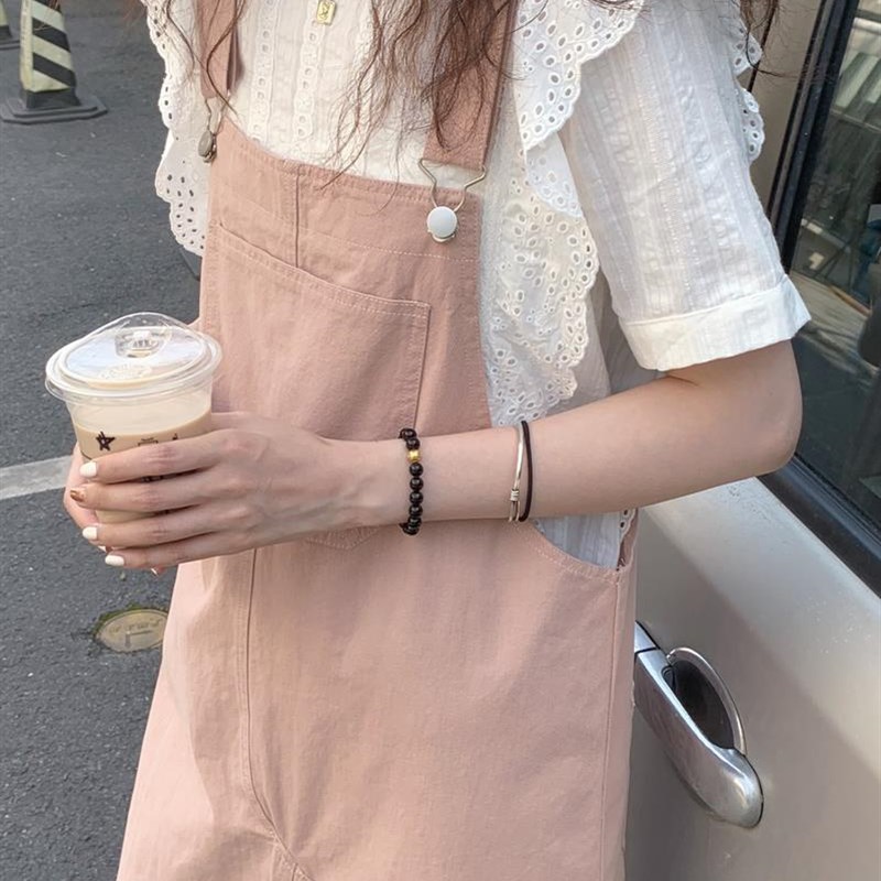 2024春夏季新款温柔风甜美白色衬衫上衣女+粉色背带连衣裙两件套