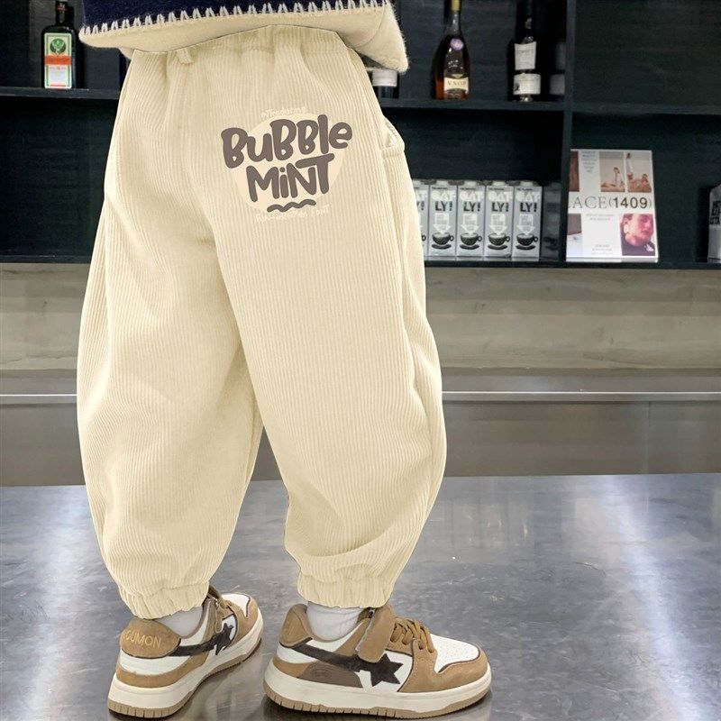 男童加绒裤子一体绒冬季2025新款秋冬款儿童灯芯绒长裤条绒休闲裤