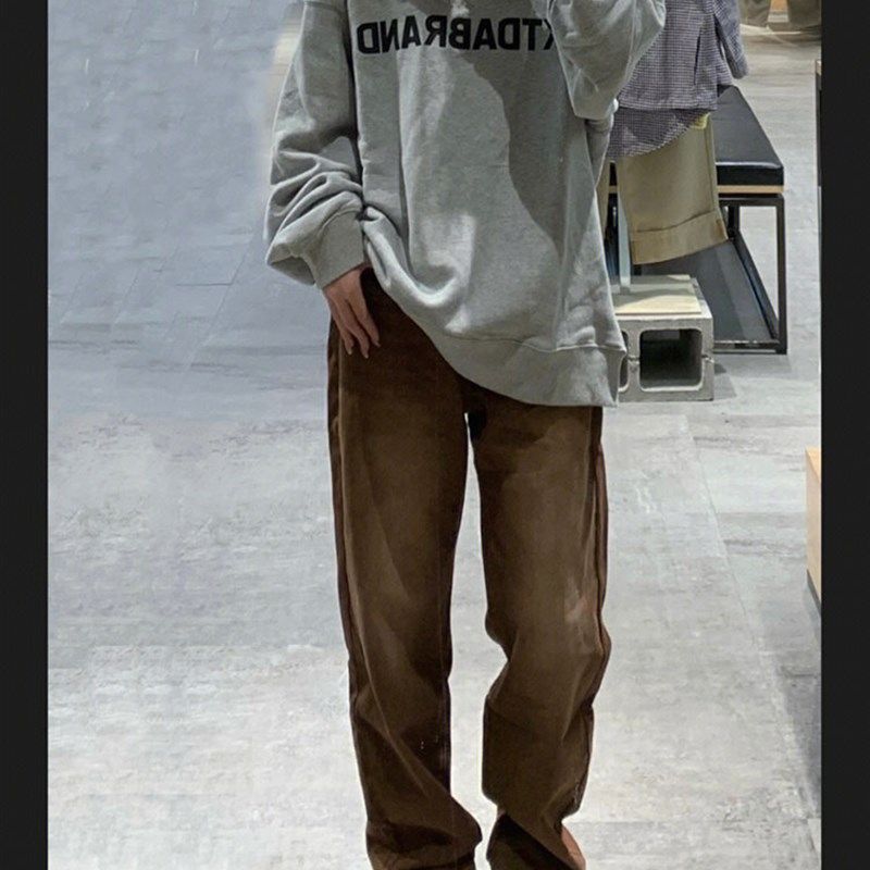 棕色直筒牛仔裤女春秋加绒大码胖mm高腰显瘦宽松梨形身材阔腿裤子