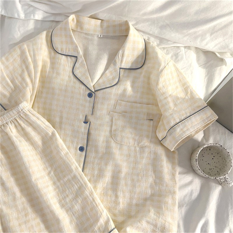 格子控网红风睡衣女三件套纯棉绸棉纱短袖夏季薄款春秋长袖家居服