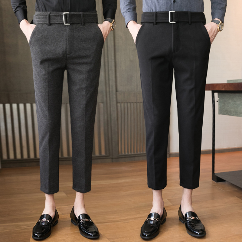 矮个子九分裤男士秋冬9分8分西裤修身小脚弹力毛呢八分西装休闲裤