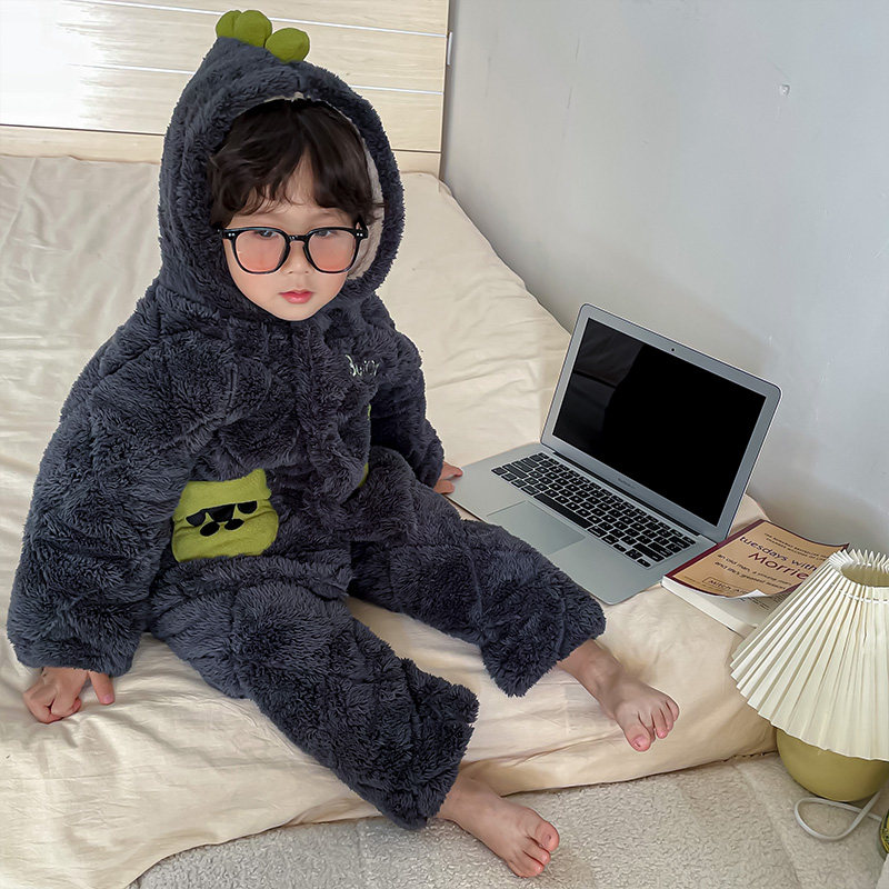 男童睡衣套装冬季儿童加绒加厚法兰绒三层连帽夹棉宝宝恐龙家居服