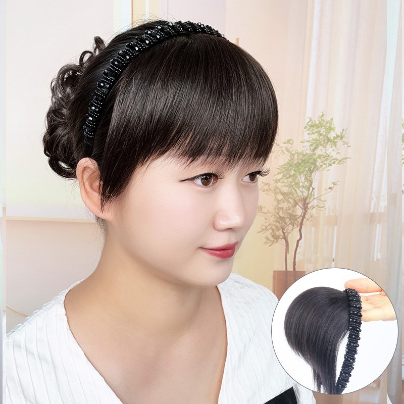 黑色仿钻发箍刘海一体全真发头帘前额鬓角遮白发碎齐刘海假发片