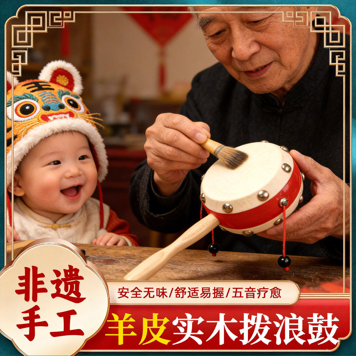 非遗拨浪鼓新生婴儿可啃咬老式手工传统羊皮原木哗啦棒宝宝玩具,玩具/童车/益智/积木/模型,拨浪鼓,淘宝优惠券,粉丝福利购,淘宝优惠卷