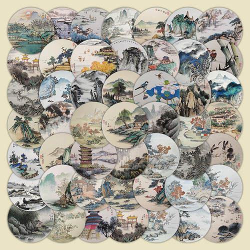 300张国风山水水墨贴纸防水