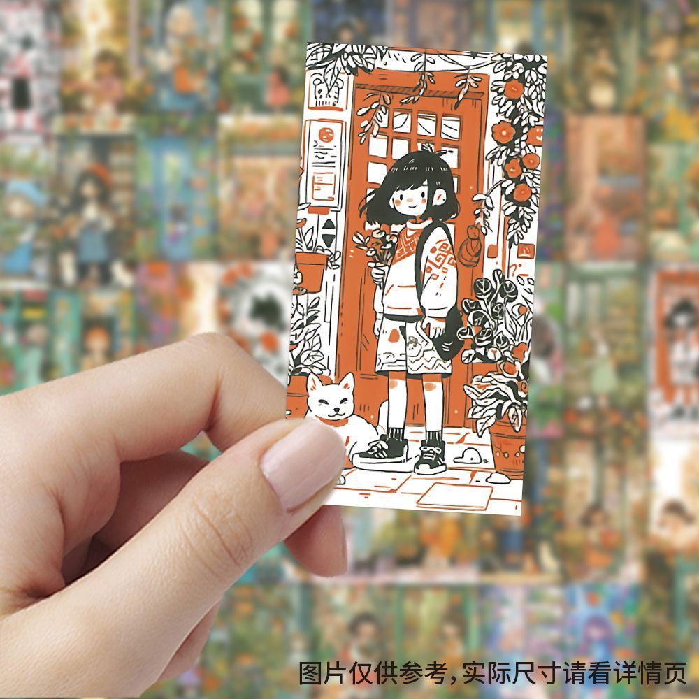 花店中的小女孩贴纸ins风治愈卡通可爱创意标签贴画diy手账本装饰