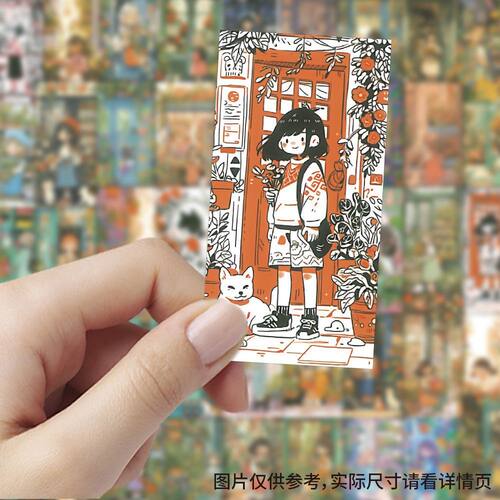 花店中的小女孩贴纸ins风治愈卡通可爱创意标签贴画diy手账本装饰