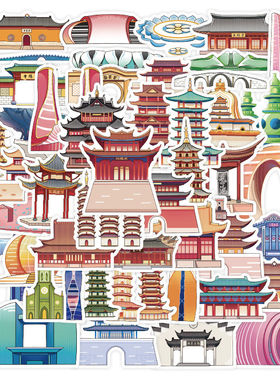 51张著名建筑贴纸卡通创意diy手账sin风装饰桌面笔记防水自粘贴画