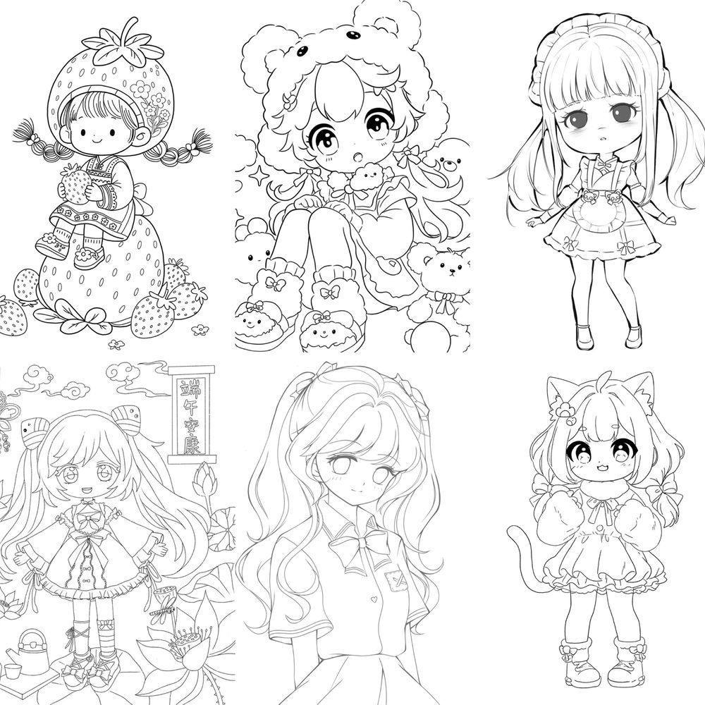 177张小女孩线稿贴纸卡通儿童简笔画线稿美术装饰手账桌面diy贴画