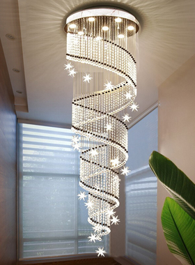 楼梯灯长吊灯现代水晶复式楼梯吊灯202J2年新款别墅旋转客厅大吊