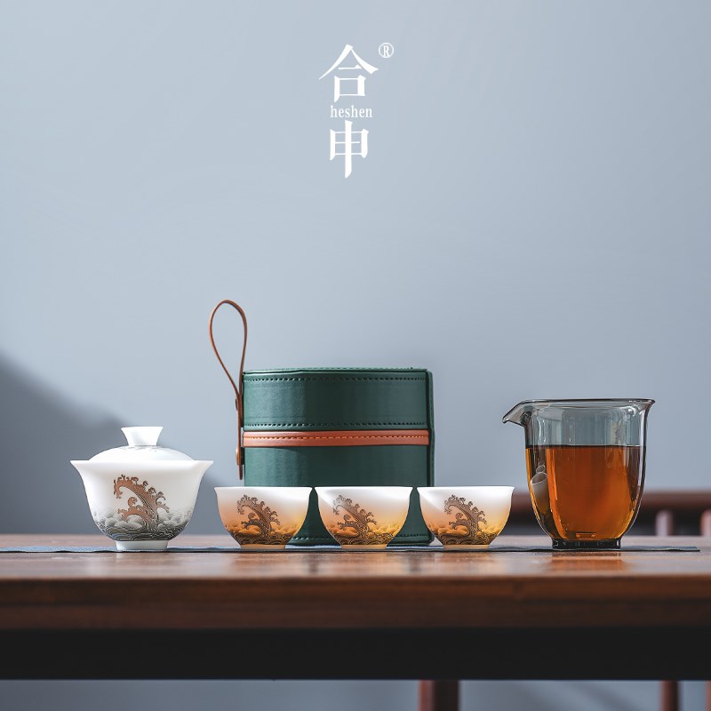高端轻奢旅行茶具套装p《金银错》羊脂玉瓷泡茶盖碗茶杯便携式户