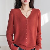 100%纯棉针织开衫 女25春秋全棉V领纯色长袖 毛衣宽松百搭外套上衣