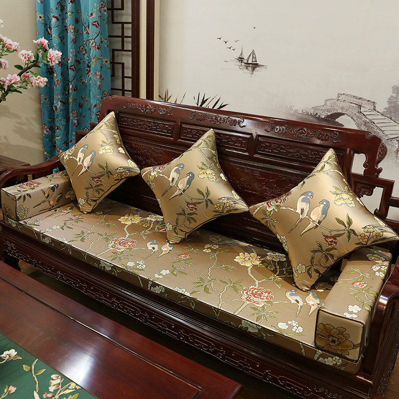新中式花鸟红实木家具沙发坐垫靠垫抱枕罗汉床餐椅垫海绵防滑定制