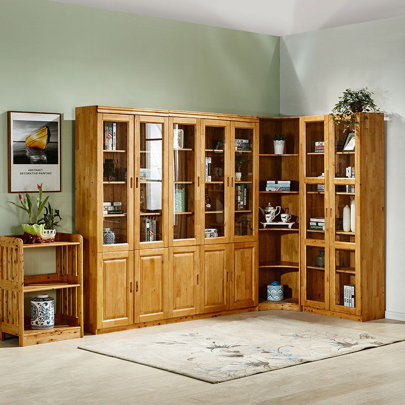 实木书柜书架家用储物柜一体整墙新中式自由组合转角书架带玻璃门