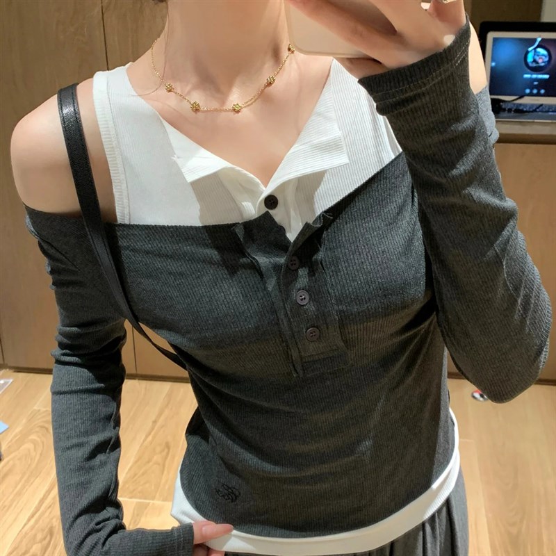 2025新款撞色k拼接假两件修身长袖T恤女露肩设计感小众上衣女装