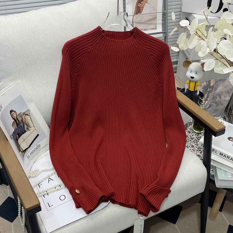 胡子叔大码女装半高领针织衫毛衣秋冬新款翻边袖扣V坑条打底上衣