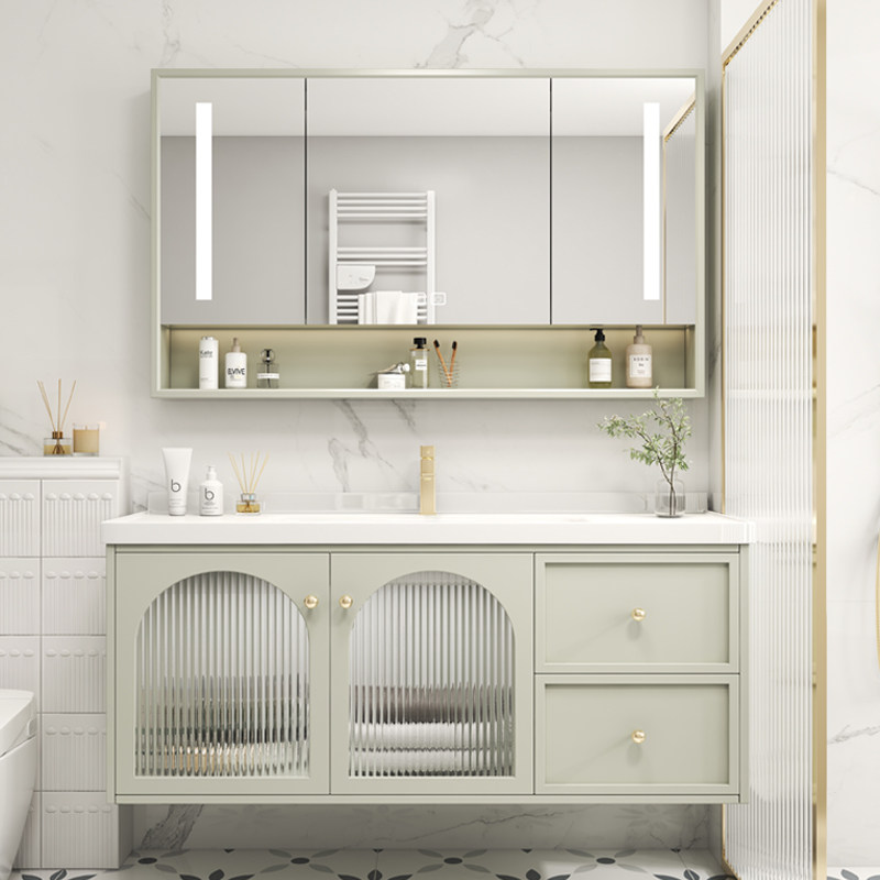 美式橡木智能浴室柜陶瓷一体盆卫生间挂墙式洗手池洗脸盆柜组合