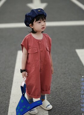 砚台家童装儿童无袖连体短裤男z女童背带裤宝宝后背字母夏季西红