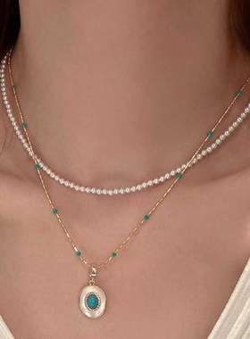 绿松石珍珠项链不掉色女新款高级感小众叠戴新中式锁骨颈链饰品