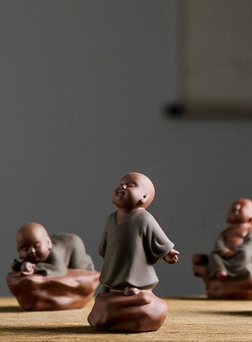 中式紫砂可爱小和尚摆件禅意手工陶瓷小沙弥公仔创意X书桌小装饰