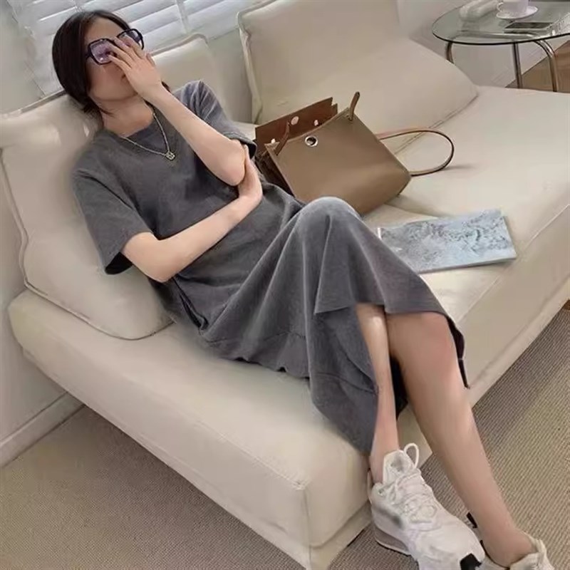 孕妇裙女2024夏季新款宽松中长款带口袋短袖t恤灰色连衣裙卫衣裙