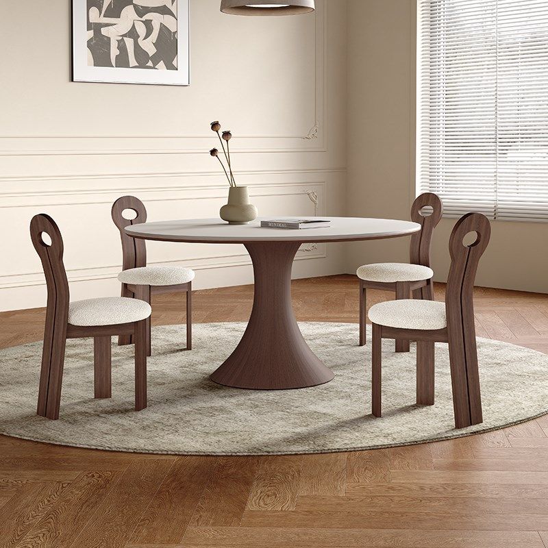 实木圆形餐桌现代简约家用轻奢高端胡桃色曼妙意式纯白岩板餐桌椅
