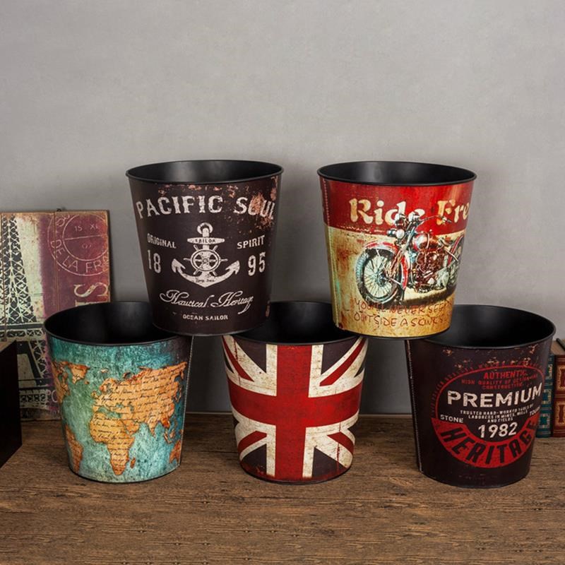 复古铁艺桌面垃圾桶美式工业风铁皮收纳桶家用创意台面桌上小铁桶