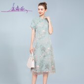 高级感透气短袖 气质年轻妈妈婚宴旗袍礼服2024夏D季 新款 刺绣连衣