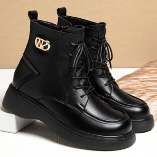 红青蜓马丁靴女英伦风2024年新款秋冬单靴软皮平底皮鞋.黑色靴子