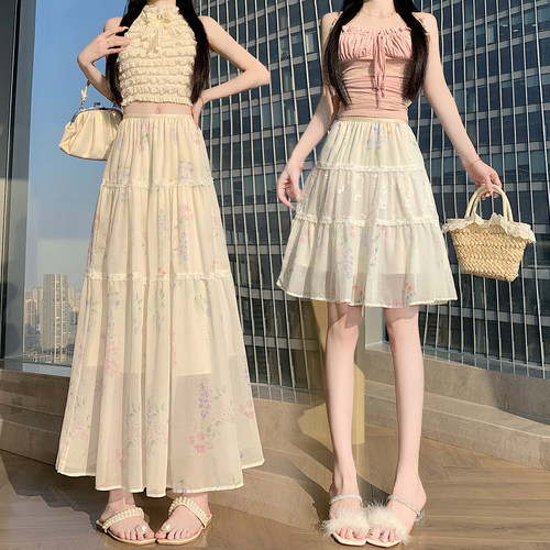 ~夏碎花半身裙女法式甜美蕾丝拼接度假风长裙高腰a字大摆伞裙