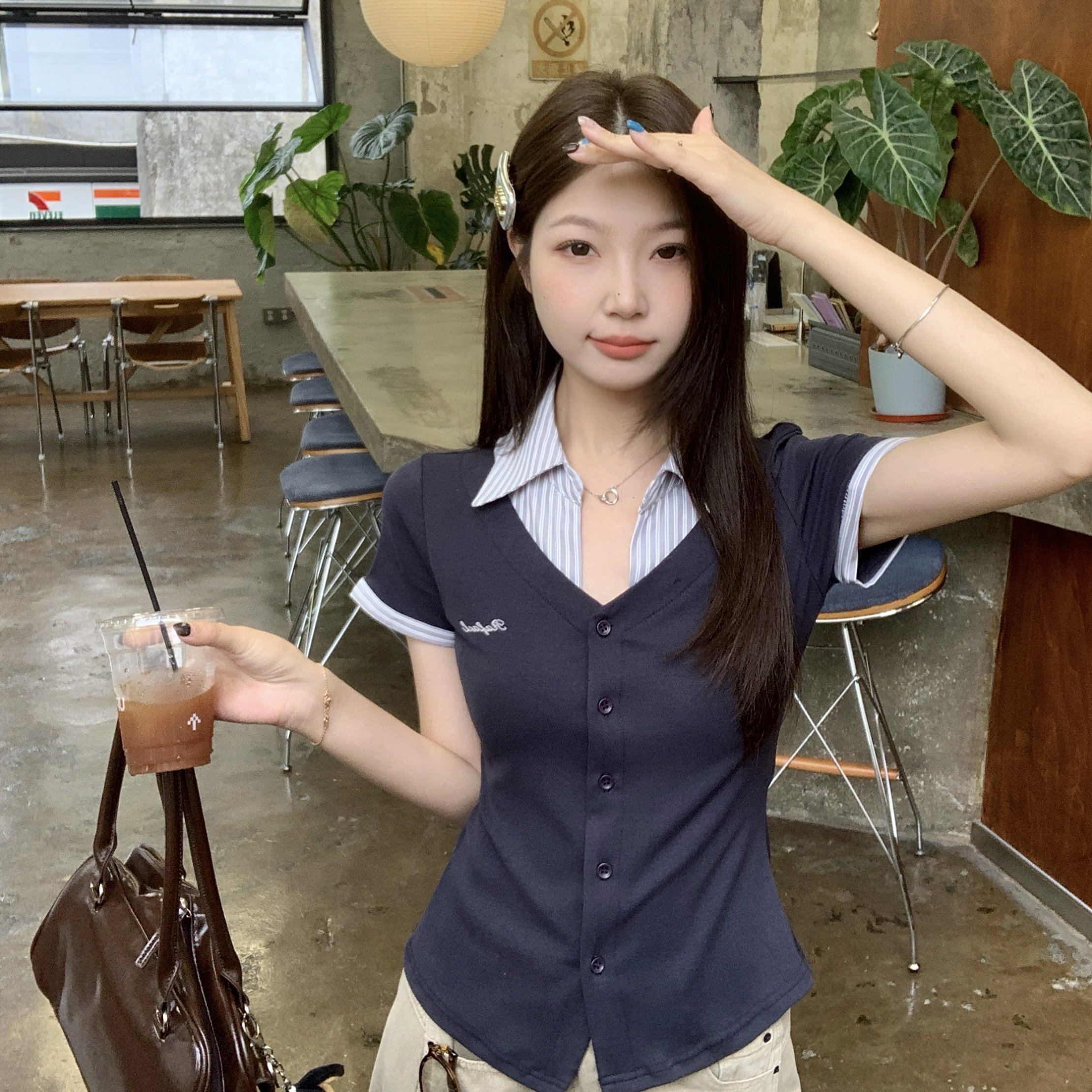 大码夏季新款韩系学院风假两件短袖上衣拼接条纹收腰显瘦T恤