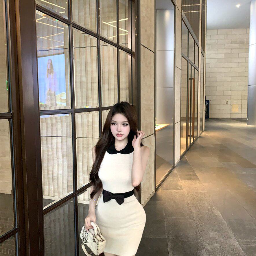 韩国POLO蝴蝶结小香风娃娃领冰丝连衣裙女夏法式纯欲性感OL包臀裙