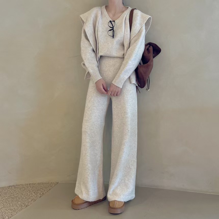 韩系风2026秋冬季新款慵懒风针织三件套女披肩毛衣阔腿裤休闲