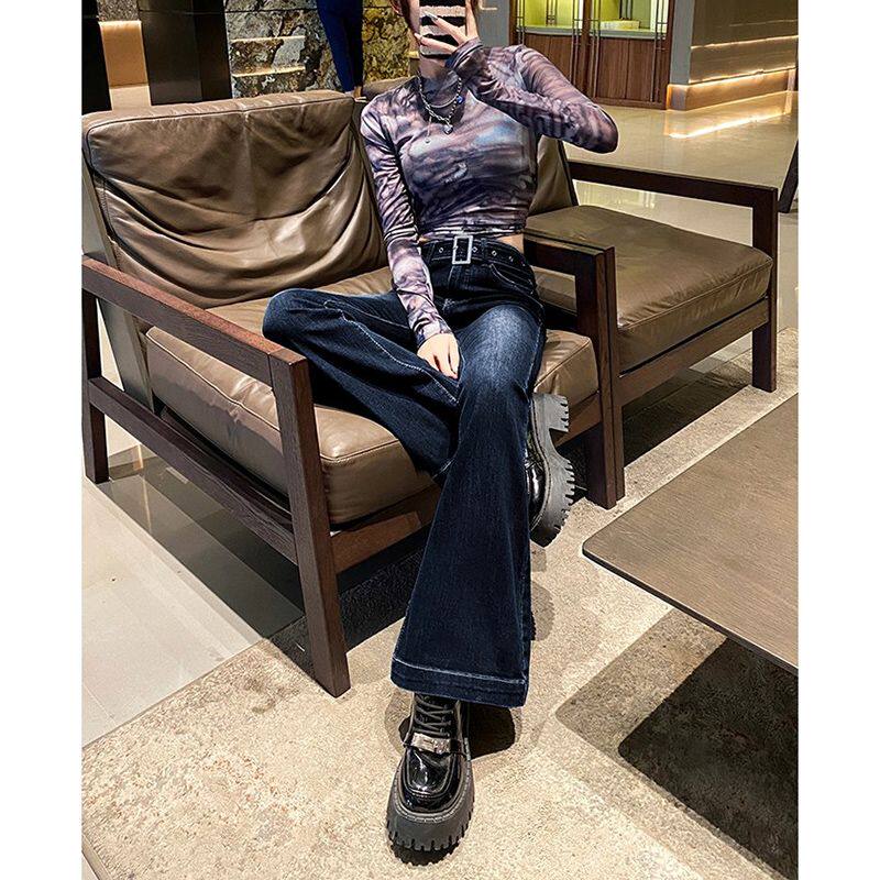 辣妹中性潮流韩版微喇牛仔裤女春秋装配带腰带设计感喇叭牛仔裤潮