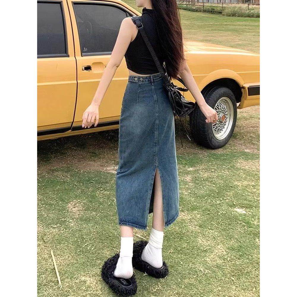 包臀小个子字半身裙夏季MM高腰长裙子胖女牛仔大码复古新款a开叉
