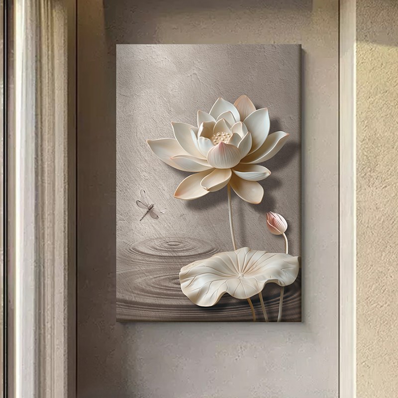 侘寂风玄关装饰画立体荷花走廊过道挂画高级感新中式客厅画奶油风图片