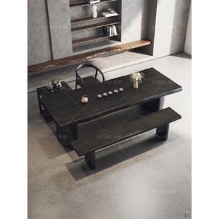 侘寂风大板泡茶桌碳化黑实木现代整板茶几办公室会客桌椅