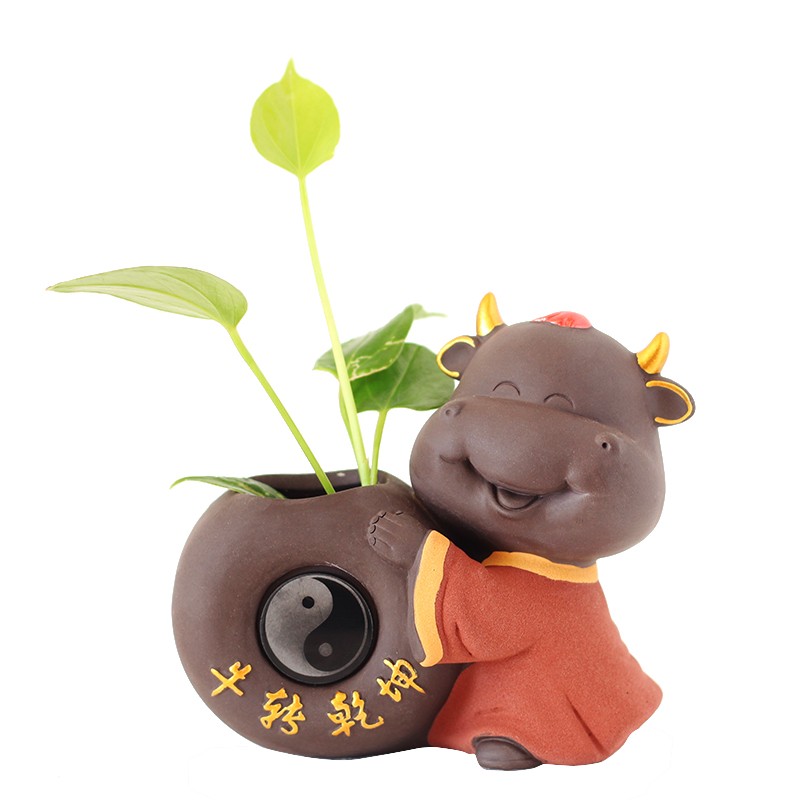 卡通牛紫砂小花器绿萝花插陶瓷家居书桌办公桌面水培花瓶