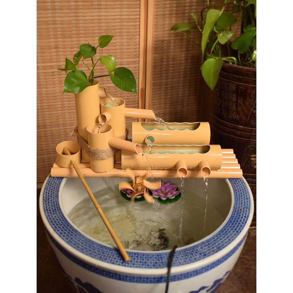 仿真竹子流水器陶瓷鱼缸鱼盆过滤器风水轮车招财摆件喷泉加湿增氧