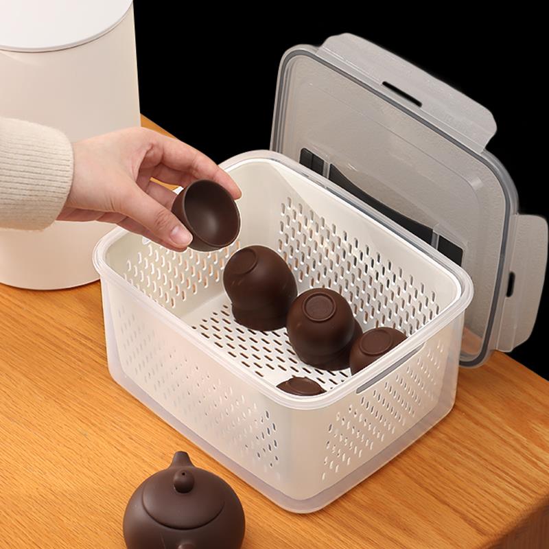 便携手提茶具收纳盒带盖防尘酒杯茶杯沥水放置架茶几桌面整理盒子